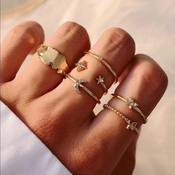 Gold 4/$25 6pc rhinestone moon ring set - Picture 1 of 2